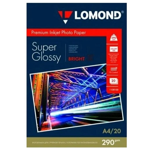 

Бумага Lomond 1108100 суперглянцевая, A4, 290 г/м2, 20 листов, 1108100