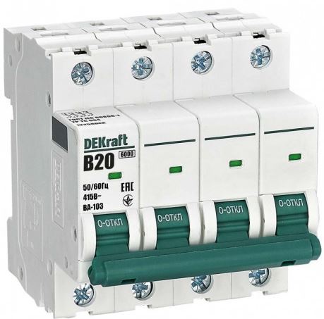 

Автоматический выключатель DEKraft 12258DEK 4Р 20А х-ка B ВА-103 6кА, 12258DEK