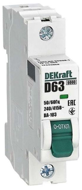 

Автоматический выключатель DEKraft 12343DEK 1Р 63А х-ка D ВА-103 6кА, 12343DEK