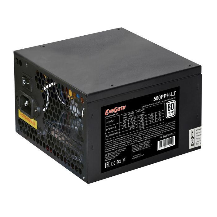 

Блок питания ATX Exegate 550PPH-LT-S 550W, RTL, 80+, black, APFC, 12cm, 24p, (4+4)p, 5*SATA, 3*IDE, с защитой от выдергивания, 550PPH-LT-S