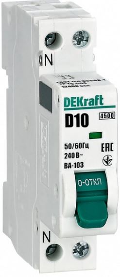 

Автоматический выключатель DEKraft 12408DEK 1+N 10А х-ка D ВА-103 4,5кА, 12408DEK