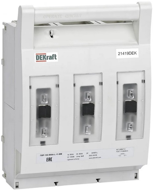 

Предохранитель-выключатель-разъединитель DEKraft 21419DEK горизонтальный 800А 3ф отключение_1НО+1НЗ_навесной монтаж на шину_ПВР-102, 21419DEK