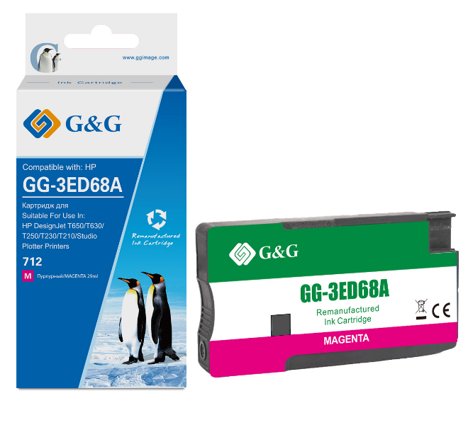 

Картридж G&G GG-3ED68A струйный 712 пурпурный (29мл) для HP DesignJet T650/T630/T250/T230/T210/Studio Plotter Printers, GG-3ED68A