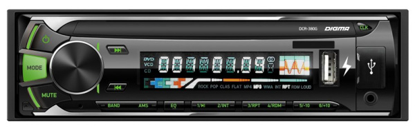 Изображение товара Автомагнитола Digma DCR-380G 1DIN с двумя USB-портами и цветной подсветкой