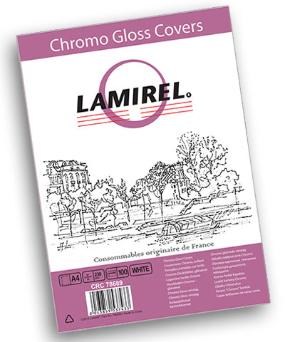 

Обложка Fellowes LA-78689 Lamirel Chromolux A4, картонные, глянцевые, белый, 230г/м², 100шт, LA-78689