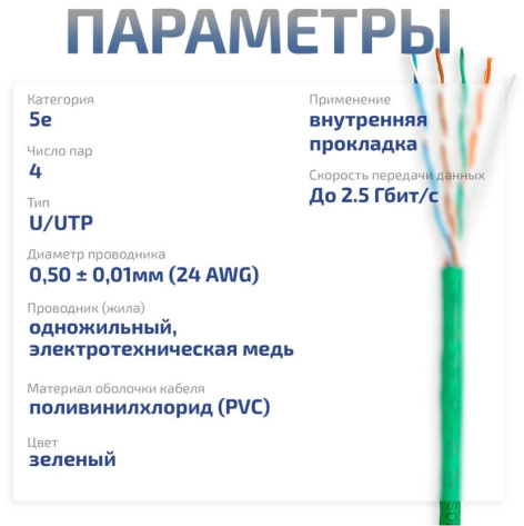 фото Кабель витая пара U/UTP 5e кат. 4 пары Cabeus UTP-4P-Cat.5e-SOLID-GN-20 в Санкт-Петербургe