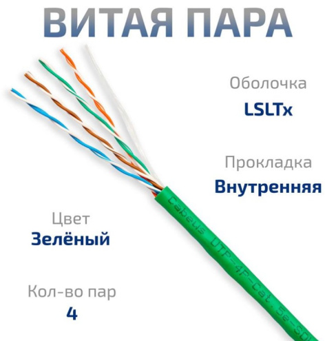 фото Кабель витая пара U/UTP 5e кат. 4 пары Cabeus UTP-4P-Cat.5e-SOLID-LSLTx-GN-20 в Воронеже
