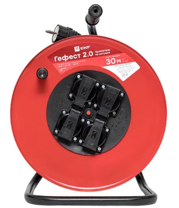 

Удлинитель на катушке EKF UKG02-16-R325-4-30-IP44 "Гефест 2.0" 4 гнезда 30м с заземлением и предохранителем КГ 3*2,5 16А/3,5кВт IP44 PROxima, UKG02-16-R325-4-30-IP44