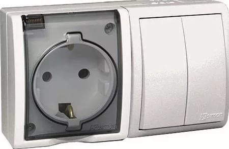 

Блок Simon 1594515-030 Aqua Белый, розетка 2P+E Schuko 16А 250В + выкл.двойной 10А 250В, IP54, 1594515-030
