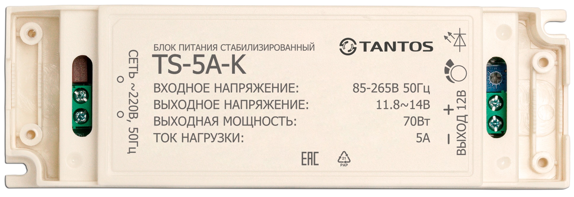 

Блок питания Tantos TS-5A-K стабилизированный, 12В, 5А, 85-265В 50Гц, пластиковый корпус, TS-5A-K