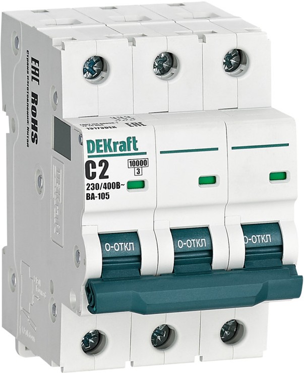 

Автоматический выключатель DEKraft 13173DEK 3P 2A х-ка C ВА-105 10кА, 13173DEK