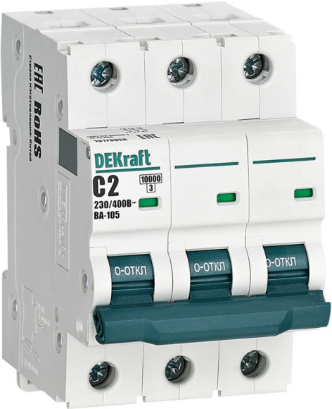 Изображение товара Автоматический выключатель DEKraft 13173DEK 3-полюсный для защиты цепей 2А IP20