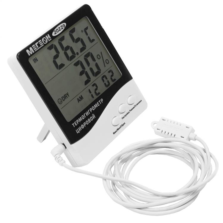 

Термогигрометр МЕГЕОН 20229 цифровой настольный с выносным датчиком, 20229