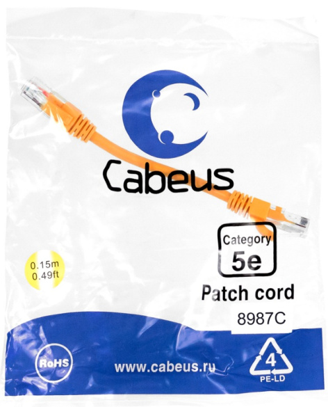фото Кабель патч-корд U/UTP 5e кат. 0.15м Cabeus PC-UTP-RJ45-Cat.5e-0.15m-OR в Краснодаре