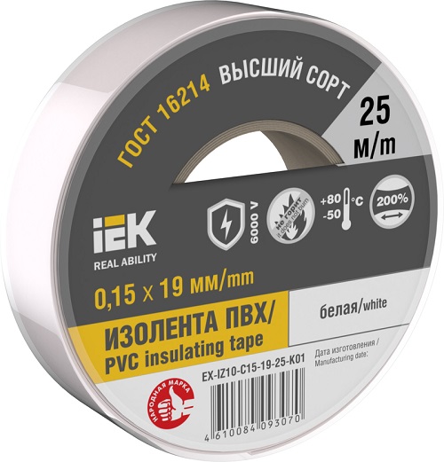 

Изолента IEK EX-IZ10-C15-19-25-K01 0.15х19мм (рул.25м) белая, EX-IZ10-C15-19-25-K01
