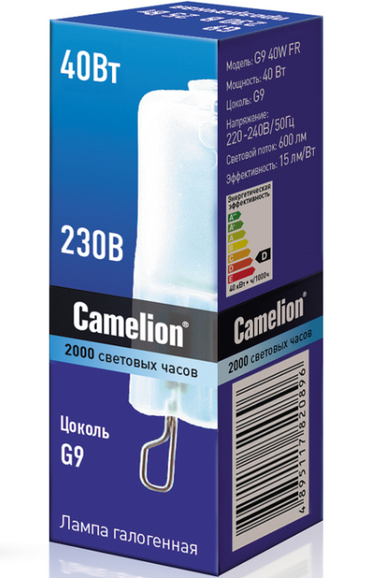 

Лампа галогенная Camelion™ G9 40W FR 40Вт, G9, 220В, 600лм, 2000 часов работы, капсульная, матированная (5556), G9 40W FR