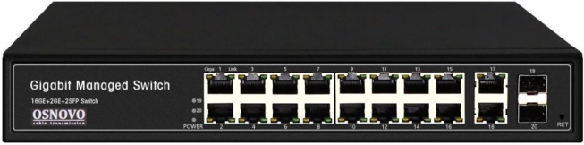 

Коммутатор OSNOVO SW-71802/L Gigabit Ethernet управляемый на 18*RJ45 + 2*GE SFP, 18xGE (10/100/1000 Base-T), 2xGE SFP (1000 Base-X), SW-71802/L