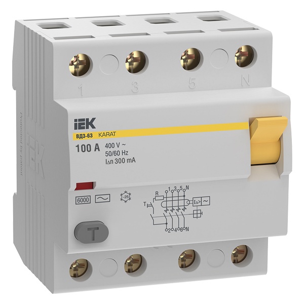 

УЗО IEK MDV20-4-100-300 KARAT ВД3-63 4P 100А 300мА 6кА тип AC, MDV20-4-100-300