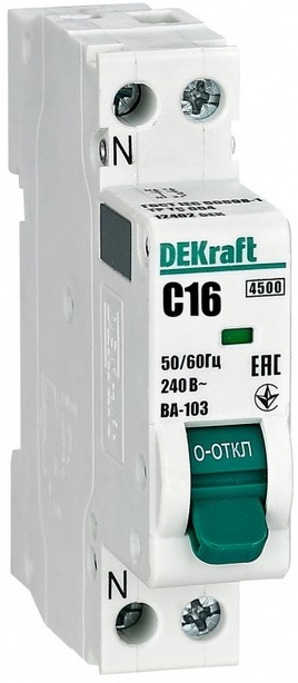 

Автоматический выключатель DEKraft 12402DEK 1+N 16А х-ка C ВА-103 4,5кА, 12402DEK