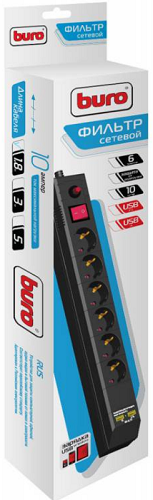 

Сетевой фильтр Buro BU-SP1.8_USB_2A-B 6 розеток, 1,8 метра, USB, 2А, черный, BU-SP1.8_USB_2A-B