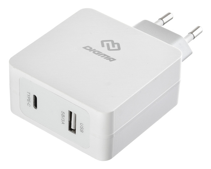 

Зарядное устройство сетевое Digma DGPD-45W-WG USB-C + USB-A, 3A, белое, DGPD-45W-WG