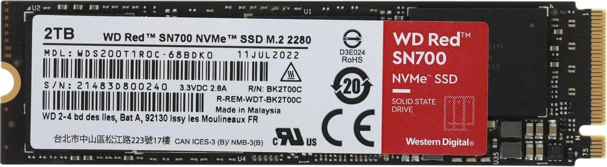 

Накопитель SSD M.2 2280 Western Digital WDS200T1R0C WD Red SN700 1TB PCIe Gen 3 x 4 3430/2900MB/s IOPS 480K/540K MTTF 1.75M, WDS200T1R0C