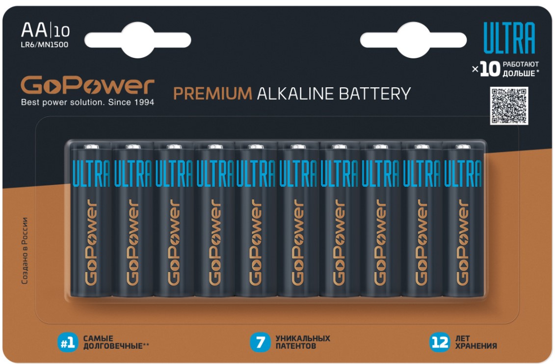 

Батарейка GoPower ULTRA LR6 00-00026395 AA BL10 Alkaline 1.5V (10/100/800) (10 шт.) (1000749496), ULTRA LR6