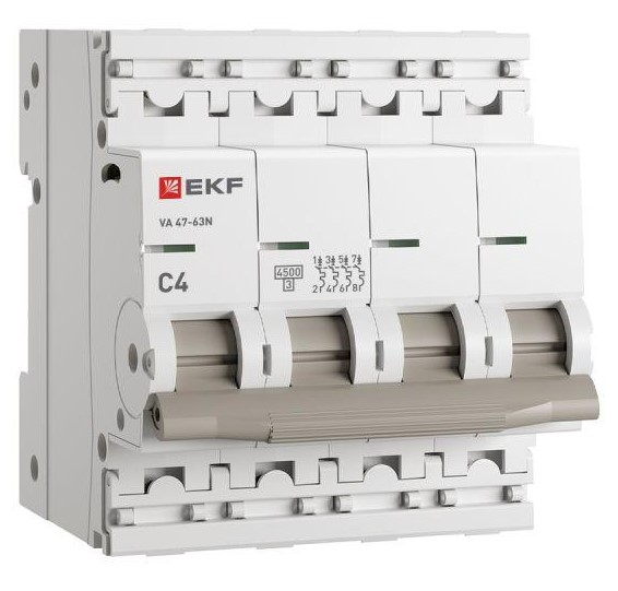 

Автоматический выключатель EKF M634404C 4P 4А (C) 4,5kA ВА 47-63N PROxima, M634404C