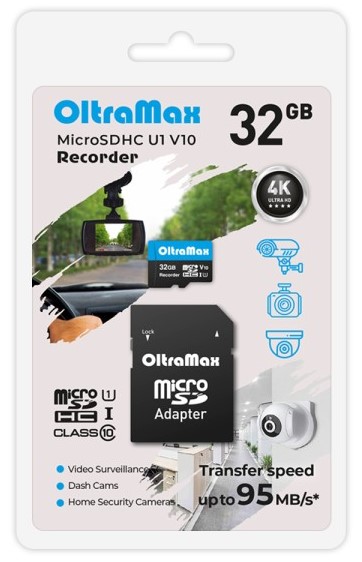 

Карта памяти MicroSDHC 32GB OltraMax OM32GCSDHC10-U1-V10 Class 10 Recorder UHS-I U1 V10 (95 Mb/s) + SD адаптер, OM32GCSDHC10-U1-V10