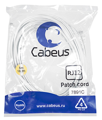 

Кабель патч-корд Cabeus PC-TEL-RJ12-5m 6p4c телефонный, 5 м, белый, PC-TEL-RJ12-5m