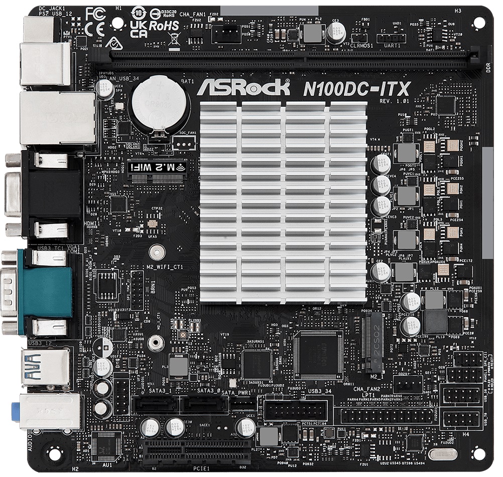 

Материнская плата mini-ITX ASRock N100DC-ITX (N100, DDR4 (3200), 2*SATA 6G, M.2, PCIE, Glan, HDMI, D-Sub, COM, 2*USB 3.2, 4*USB 2.0), N100DC-ITX