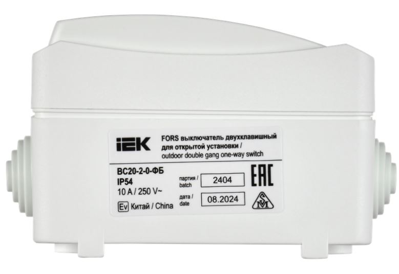 

Выключатель двухклавишный IEK EVS20-K01-10-54-DC FORS открытой установки IP54 ВС20-2-0-ФБ белый, EVS20-K01-10-54-DC