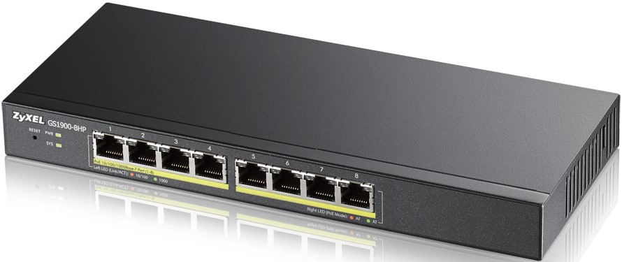 

Коммутатор ZYXEL Smart L2 GS1900-8HP-EU0103F Smart L2, PoE+, 8*GE PoE+, настольный, бесшумный, бюджет PoE 70 Вт, Smart L2