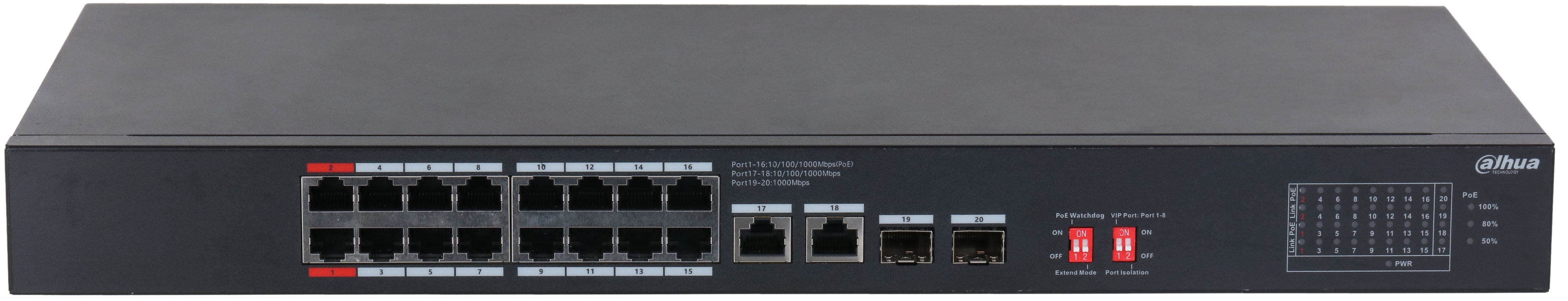 

Коммутатор Dahua DH-S3220-16GT-190 16-портовый неуправляемый гигабитный с PoE, уровень L2, DH-S3220-16GT-190