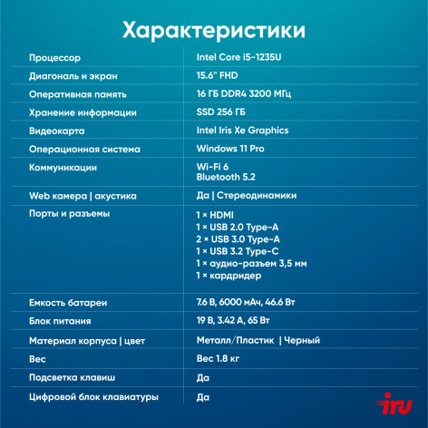 фото Ноутбук  iRu Strato 15ALI в Нижнем Новгороде 15.6 ", Core i5, 16 Гб RAM, 256 Гб SSD, Iris Xe Graphics, Черный