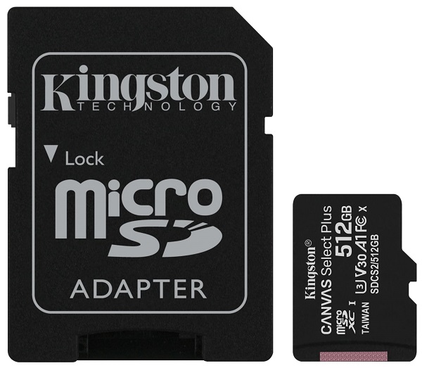 

Карта памяти 512GB Kingston SDCS2/512GB microSDXC Class 10 UHS-I U3 Canvas Select Plus (SD адаптер) 100MB/S, SDCS2/512GB