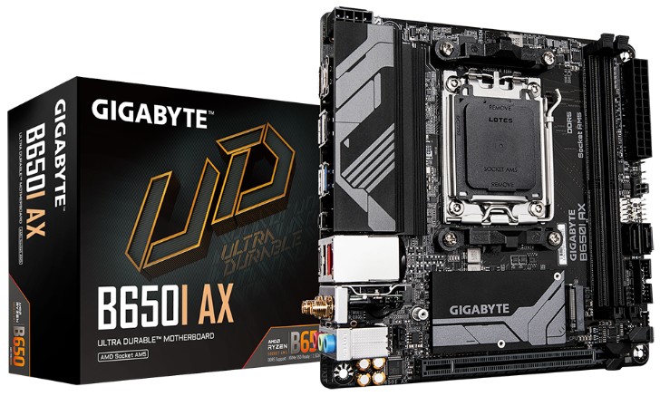 

Материнская плата mini-ITX GIGABYTE B650I AX (AM5, B650, 2*DDR5 (6400), 2*SATA, M.2, 3*USB 3.2, 3*USB 2.0, PCIe x16, DP, HDMI), B650I AX