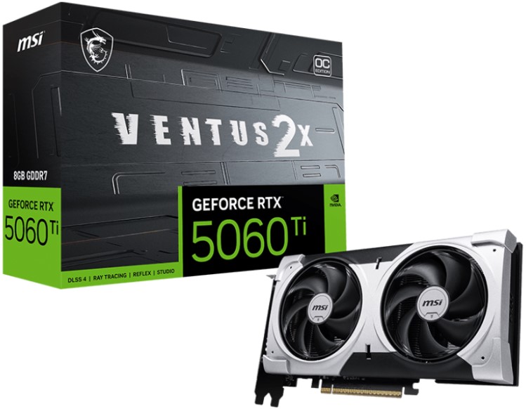 

Видеокарта PCI-E MSI GeForce RTX 5060 Ti VENTUS 2X OC PLUS (RTX 5060 Ti 8G VENTUS 2X OC PLUS) 8GB GDDR7 128bit 2617/28000MHz HDMI 3*DP, GeForce RTX 5060 Ti VENTUS 2X OC PLUS (RTX 5060 Ti 8G VENTUS 2X OC PLUS)