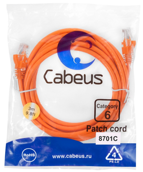 фото Кабель патч-корд U/UTP 6 кат. 3м Cabeus PC-UTP-RJ45-Cat.6-3m-OR в Перми
