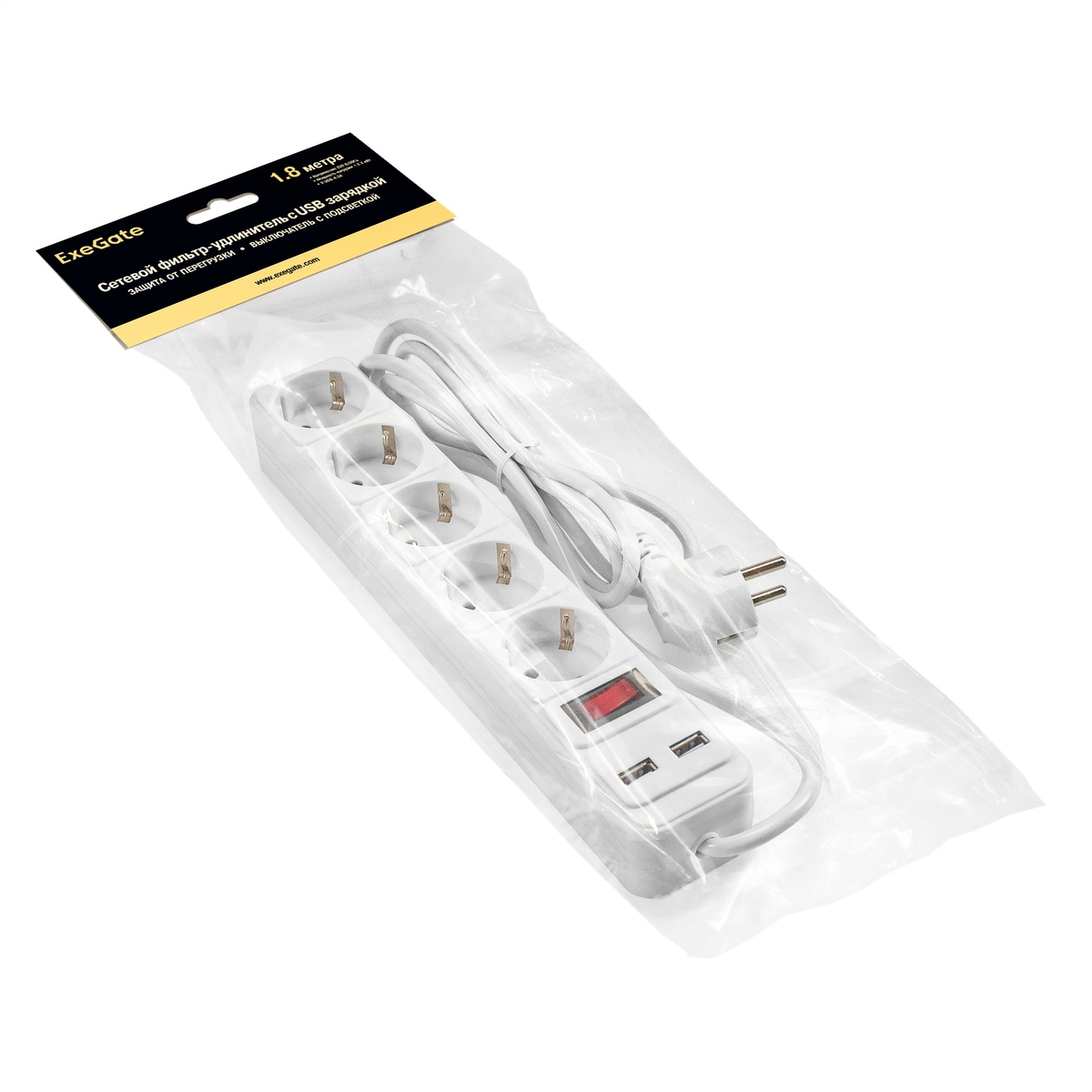 

Сетевой фильтр удлинитель Exegate SP-5-USB-1.8W EX295491RUS с USB зарядкой (5 евророзеток с заземлением, 2 USB-A 2A, 1.8м, защита от перегрузки, выклю, SP-5-USB-1.8W