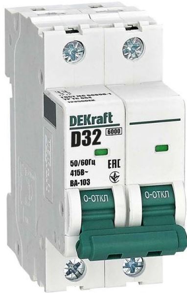 

Автоматический выключатель DEKraft 12356DEK 2Р 32А х-ка D ВА-103 6кА, 12356DEK
