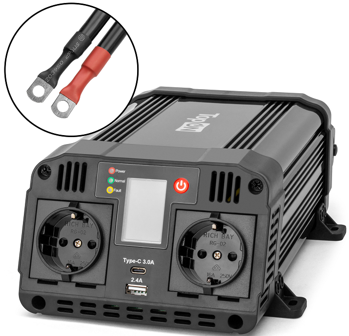

Инвертор автомобильный TopOn TOP-PI1202 1200W, 2 розетки, USB, Type-C, LCD экран, пиковая мощность 2400W, черный, TOP-PI1202