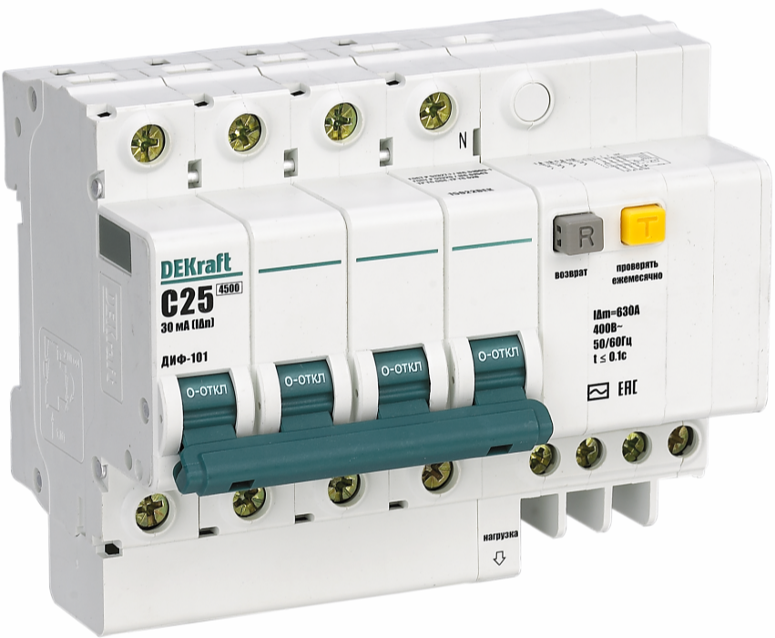 

Автомат дифференциальный DEKraft 15094DEK 3Р 10А 30мА AC х-ка D ДИФ-101 4,5кА, 15094DEK