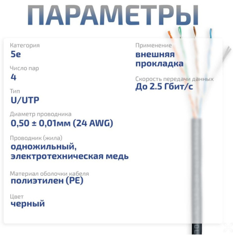 фото Кабель витая пара U/UTP 5e кат. 4 пары Cabeus UTP-4P-Cat.5e-SOLID-OUT-PE-UV-25 в Санкт-Петербургe
