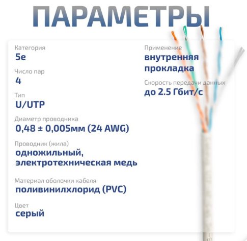 фото Кабель витая пара U/UTP 5e кат. 4 пары Cabeus UTP-4P-Cat.5e-SOLID-GY-LIGHT-100 в Омске