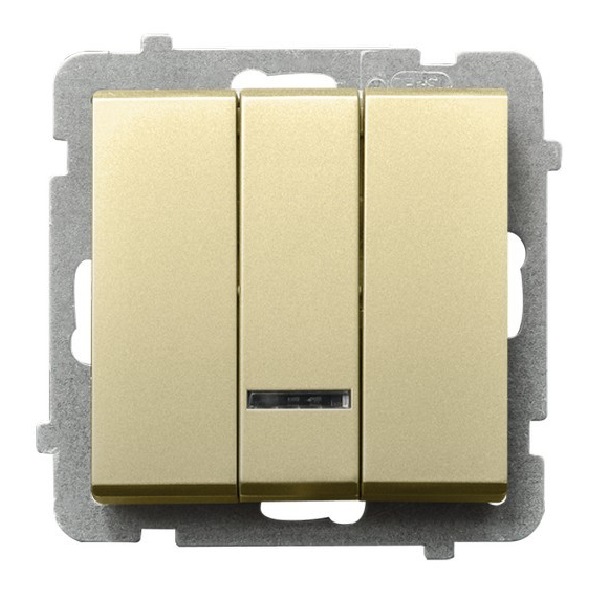 

Выключатель Ospel LP-13RS/m/39 трехклавишный, с подсветкой синего цвета, 10AX, 250V, 2200W, IP-20, клеммы безвинтовые, шампанский золотой, LP-13RS/m/39