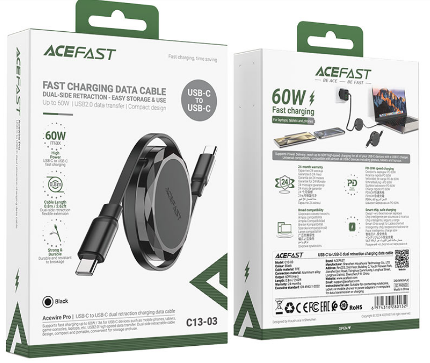 

Кабель ACEFAST C13-03 выдвижной зарядный и для передачи данных USB-C - USB-C 60W Retractable Charging Data Cable. Цвет: черный, C13-03