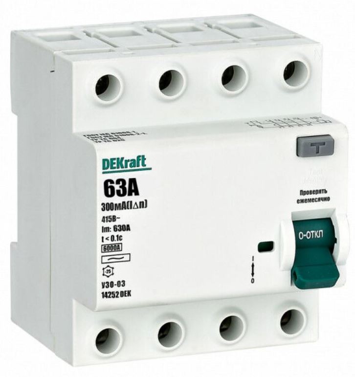 

УЗО DEKraft 14252DEK ВДТ 4P 63А 300мА тип AC 6кА, 14252DEK