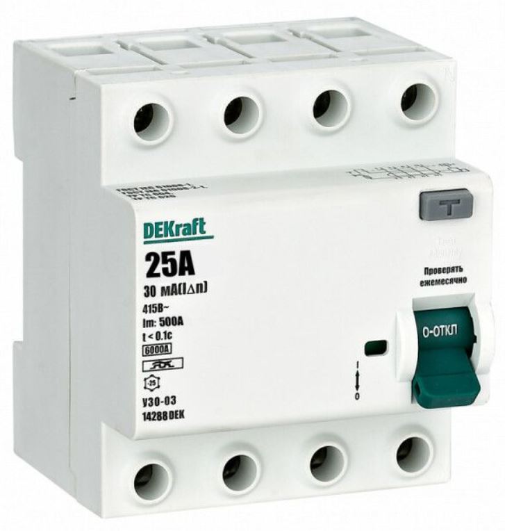 

УЗО DEKraft 14288DEK ВДТ 4P 25А 30мА тип A 6кА, 14288DEK