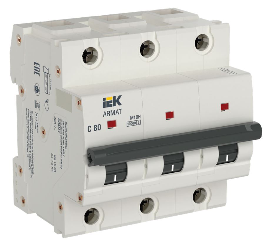 

Автоматический выключатель IEK AR-M10H-3-C080 ARMAT M10H 3P C 80А 10kA, AR-M10H-3-C080